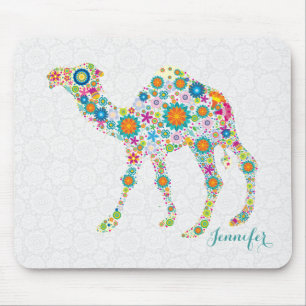 Farbenfrohe süße florale Kamele und weiße Damastmu Mousepad