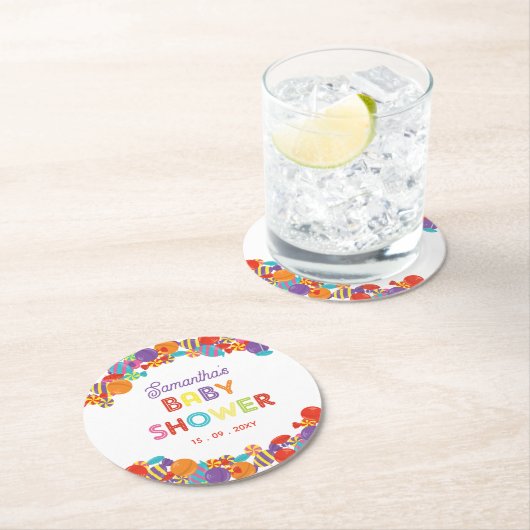 Farbenfrohe Sweet Fun Candy Baby Dusche Runder Pappuntersetzer (Vor Ort)