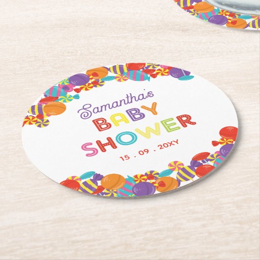 Farbenfrohe Sweet Fun Candy Baby Dusche Runder Pappuntersetzer (Angewinkelt)