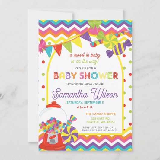 Farbenfrohe Sweet Fun Candy Theme Kinderdusche Einladung (Vorderseite)
