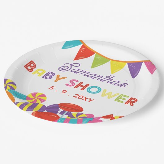 Farbenfrohe Sweet Fun Candy Theme Kinderdusche Pappteller (Schrägansicht)
