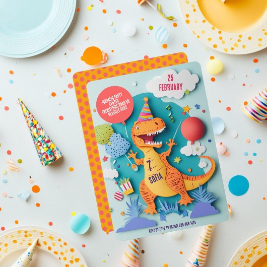Farbenfrohe T-Rex Dinosaur Geburtstagsparty Einladung