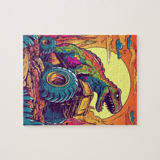 Farbenfrohe T-Rex Dinosaurier Monster Truck Puzzle (Horizontal)