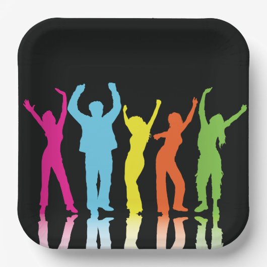 Farbenfrohe Tänzer tanzen um Pappteller (Vorderseite)