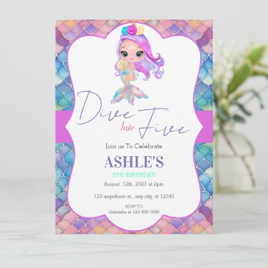 Farbenfrohe Tauchen in fünf Meerjungfrau 5. Geburt Einladung (Stehend Vorderseite)