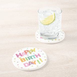 Farbenfrohe Text Confetti und Sterne glücklich zu Getränkeuntersetzer