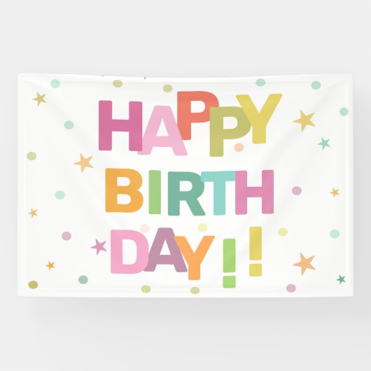 Farbenfrohe Text Confetti und Sterne glücklich zum Banner (Horizontal)
