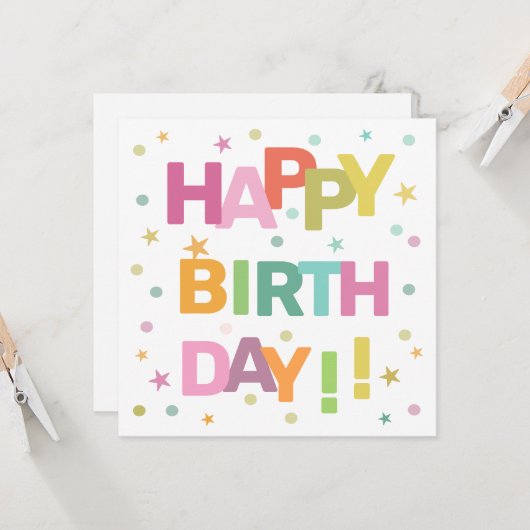 Farbenfrohe Text Confetti und Sterne glücklich zum Karte (Vorderseite/Rückseite Beispiel)