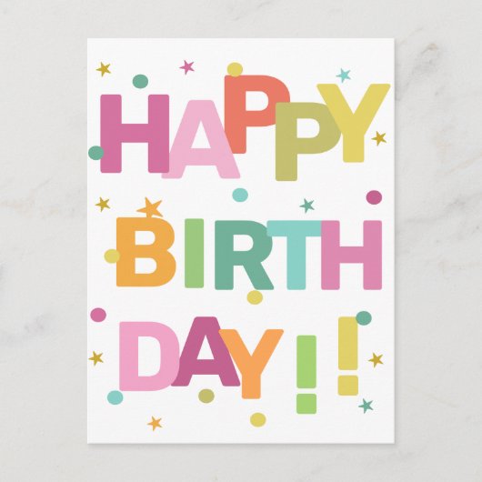 Farbenfrohe Text Confetti und Sterne glücklich zum Postkarte (Vorderseite)