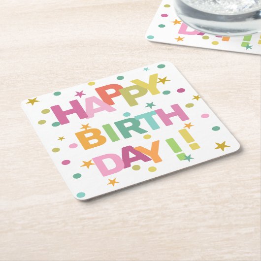 Farbenfrohe Text Confetti und Sterne glücklich zum Rechteckiger Pappuntersetzer (angewinkelt)