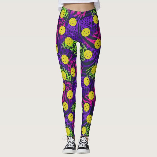 Farbenfrohe Tierdruckfedern Fun Pickleball Leggings (Vorderseite)