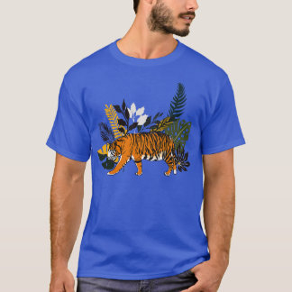 Farbenfrohe Tigerkunst mit tropischen Blättern T-Shirt