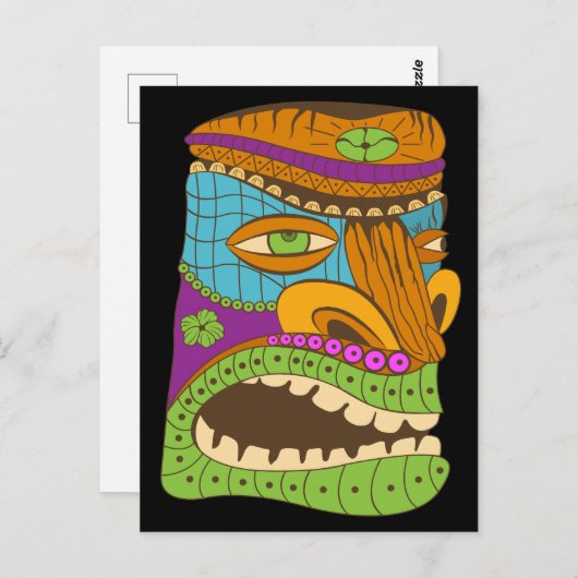 Farbenfrohe Tiki Kopf in exotischer Stimmung, schw Postkarte (Vorne/Hinten)