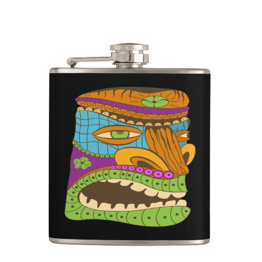 Farbenfrohe Tiki Kopf in exotischer Stimmung, sonn Flachmann (Vorderseite)