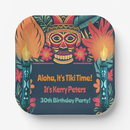 Farbenfrohe Tiki Luau Skull Backyard Birthday Part Pappteller (Vorderseite)