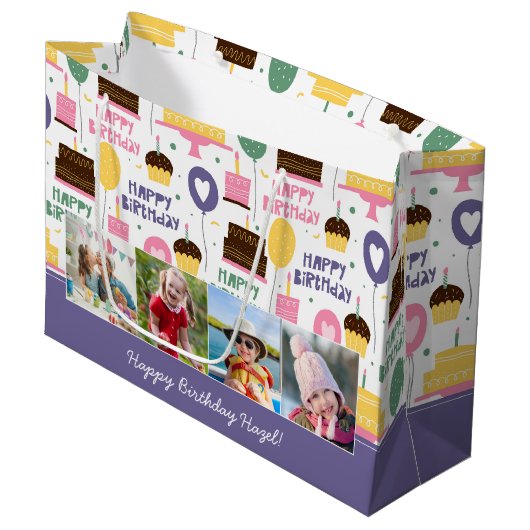 Farbenfrohe Tortenmuster Happy Birthday mit Name F Große Geschenktüte (Vorderseite Schrägansicht)