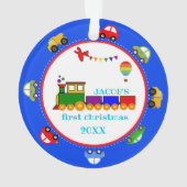Farbenfrohe Transport Baby First Christmas Ornam Ornament (Rückseite)