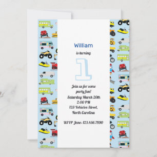 Farbenfrohe Transportmittel & Fahrzeuge Geburtstag Einladung