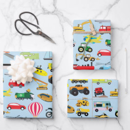 Farbenfrohe Transportmittel & Fahrzeuge Kindermust Geschenkpapier Set