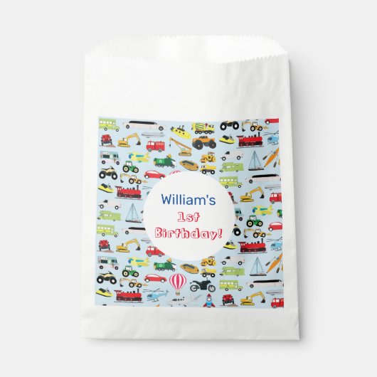 Farbenfrohe Transportmittel & Fahrzeuge Name der K Geschenktütchen (Vorderseite)