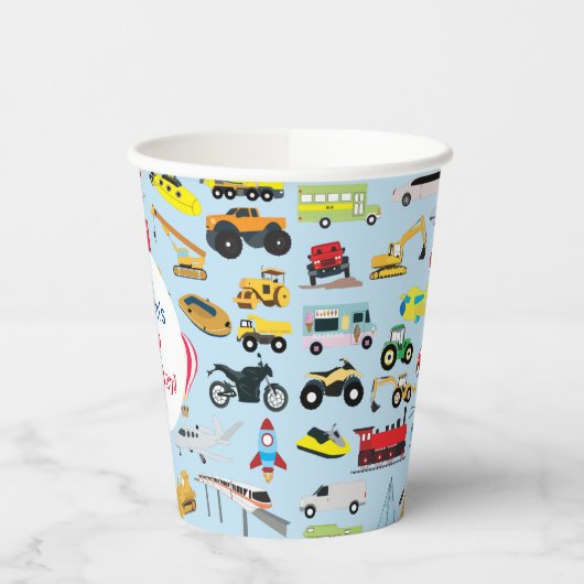 Farbenfrohe Transportmittel & Fahrzeuge Name der K Pappbecher (Links)