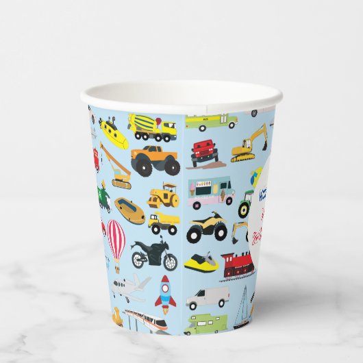 Farbenfrohe Transportmittel & Fahrzeuge Name der K Pappbecher (Rechts)