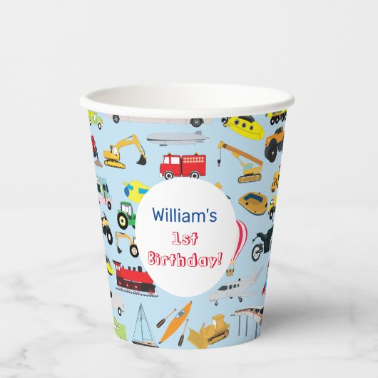 Farbenfrohe Transportmittel & Fahrzeuge Name der K Pappbecher (Vorderseite)