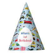 Farbenfrohe Transportmittel & Fahrzeuge Name der K Partyhütchen (Vorderseite)