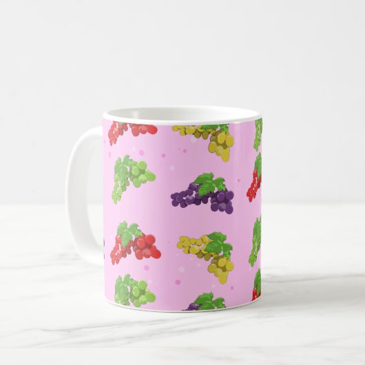 Farbenfrohe Traubenmuster im rosa Hintergrund Kaffeetasse (Vorderseite Links)