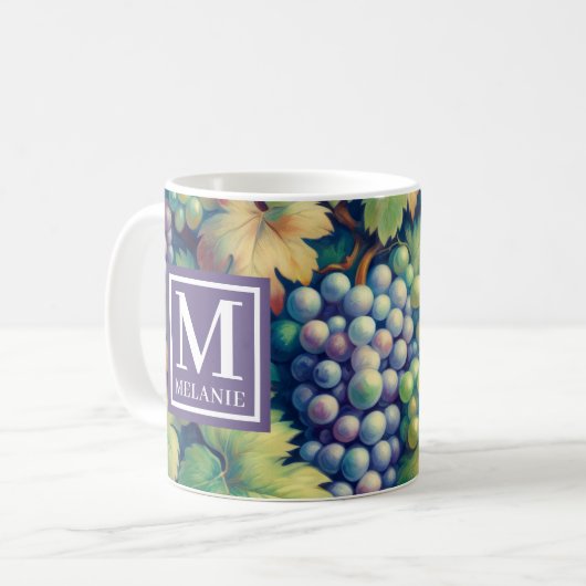 Farbenfrohe Traubenmuster Monogramm und Name Kaffeetasse (Vorderseite Links)