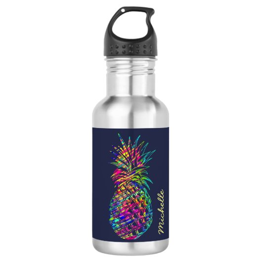 Farbenfrohe trendy tropische Ananas Personalisiert Edelstahlflasche (Vorderseite)