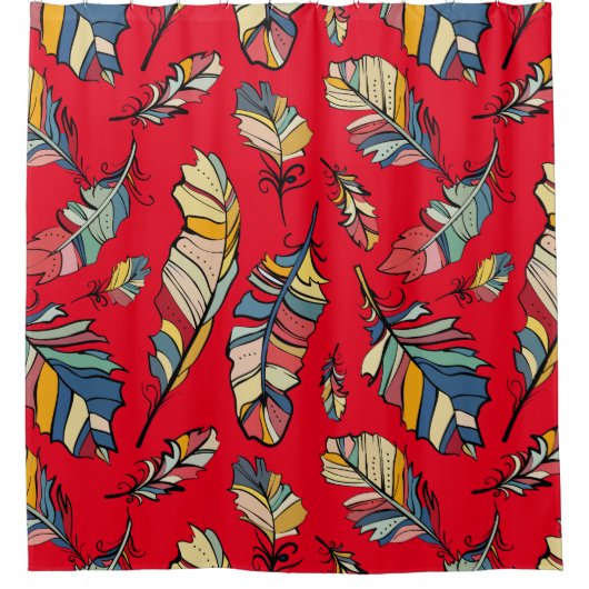 Farbenfrohe Tribal Feathers Roter Hintergrund Duschvorhang (Vorderseite)