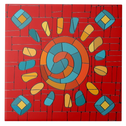 Farbenfrohe Tribal Mosaik Sun Fliese (Vorderseite)