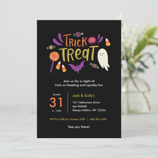 Farbenfrohe Trick oder Treatment Halloween-Party E Einladung (Stehend Vorderseite)