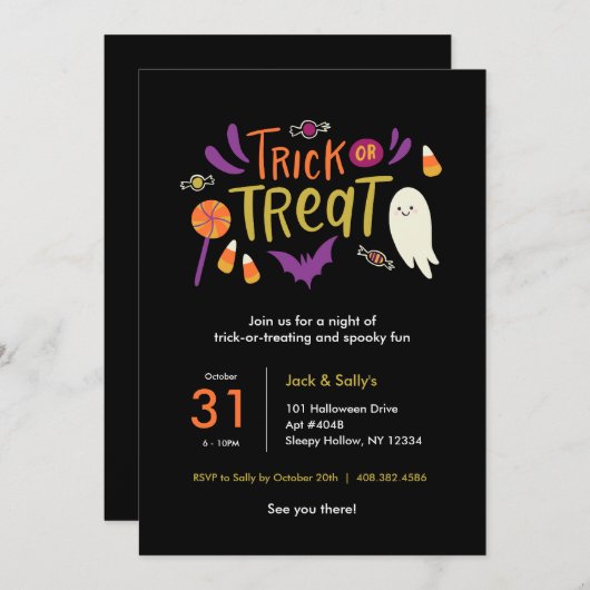 Farbenfrohe Trick oder Treatment Halloween-Party E Einladung (Vorne/Hinten)