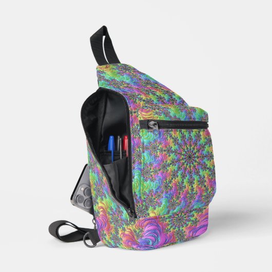 Farbenfrohe Trippy-Vibrany Groovy Fraktal Burst Crossbody Bag (Offen)