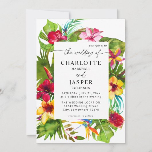 Farbenfrohe Tropenblumenhochzeit Einladung (Vorderseite)