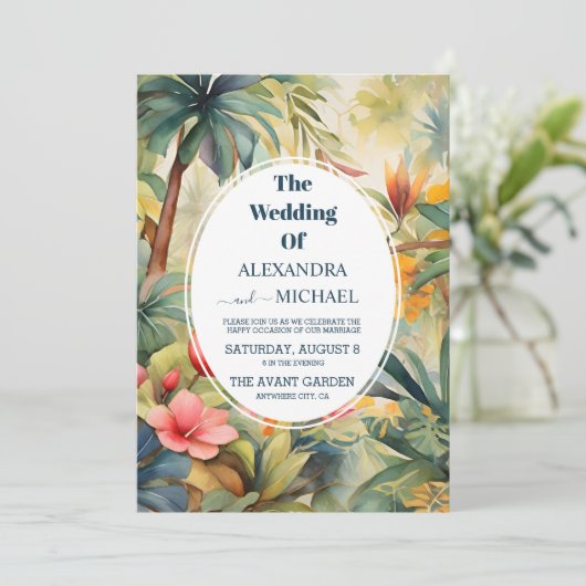 Farbenfrohe Tropenblumenhochzeit Einladung (Stehend Vorderseite)