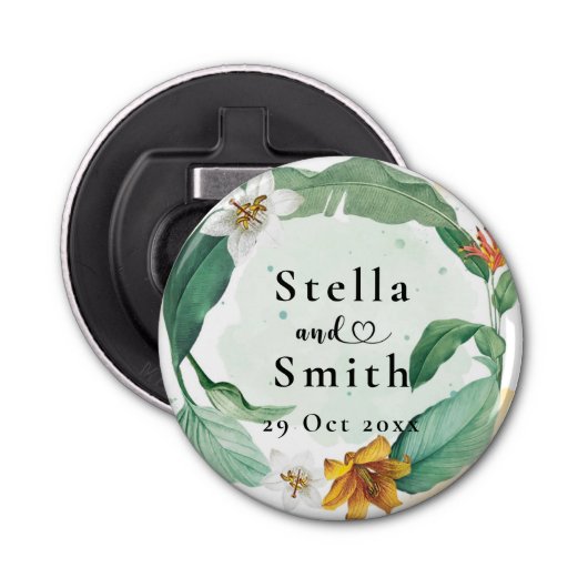 Farbenfrohe Tropenblumenhochzeit Flaschenöffner (Vorderseite)