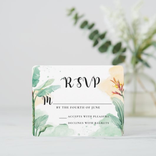 Farbenfrohe Tropenblumenhochzeit RSVP Karte (Stehend Vorderseite)