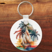 Farbenfrohe Tropenpalme und Segelboot-Schlüsselanh Schlüsselanhänger (Vorderseite)