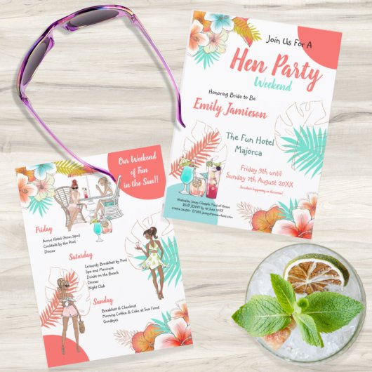 Farbenfrohe Tropenwochenende Itinerary Hen Party Einladung