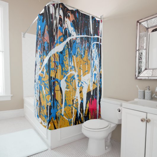 Farbenfrohe Tropffarbe: Graffiti-Wand. Duschvorhang (Beispiel)