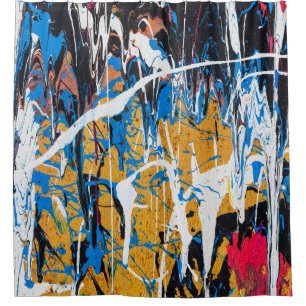 Farbenfrohe Tropffarbe: Graffiti-Wand. Duschvorhang