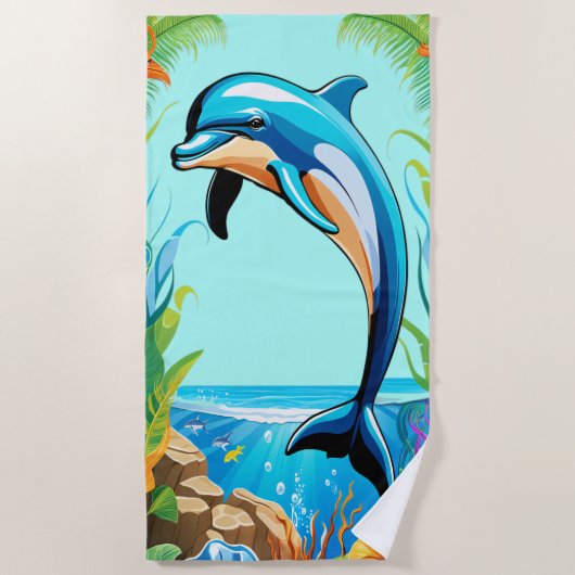 Farbenfrohe Tropical Beach Dolphin Jumping Strandtuch (Vorderseite)