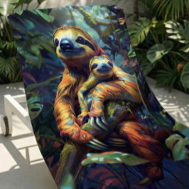 Farbenfrohe Tropical Sloth & Baby Beach Handtuch