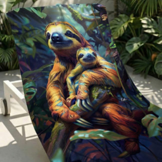 Farbenfrohe Tropical Sloth & Baby Beach Handtuch