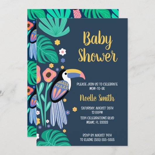 Farbenfrohe Tropical Toucan Bird Blume Babydusche Einladung (Vorne/Hinten)