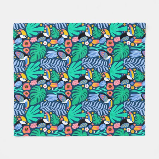 Farbenfrohe Tropical Toucan Bird Blume Pflanze Fleecedecke (Vorderseite (Horizontal))