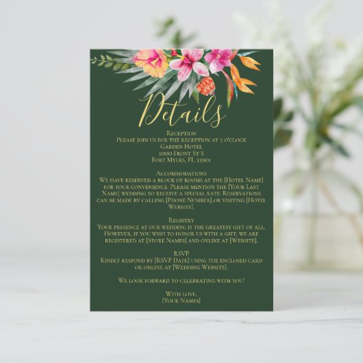 Farbenfrohe tropisch rosa Blume Hochzeitsdetails Begleitkarte (Stehend Vorderseite)